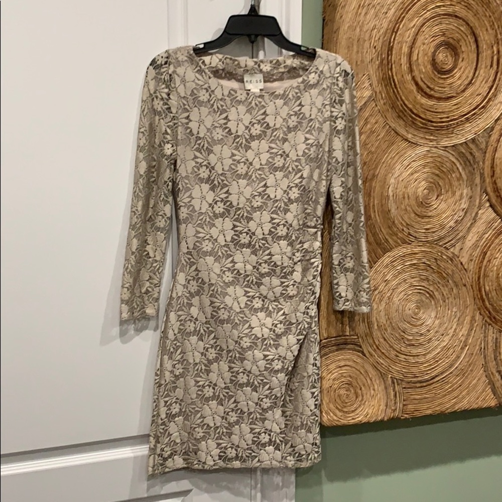 Reiss bodycon pewter lace dress